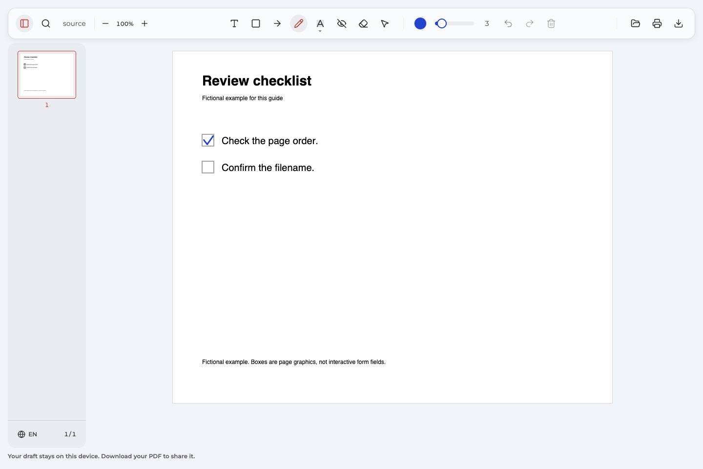 A blue Pen checkmark in a static checklist box in Annotate PDF.