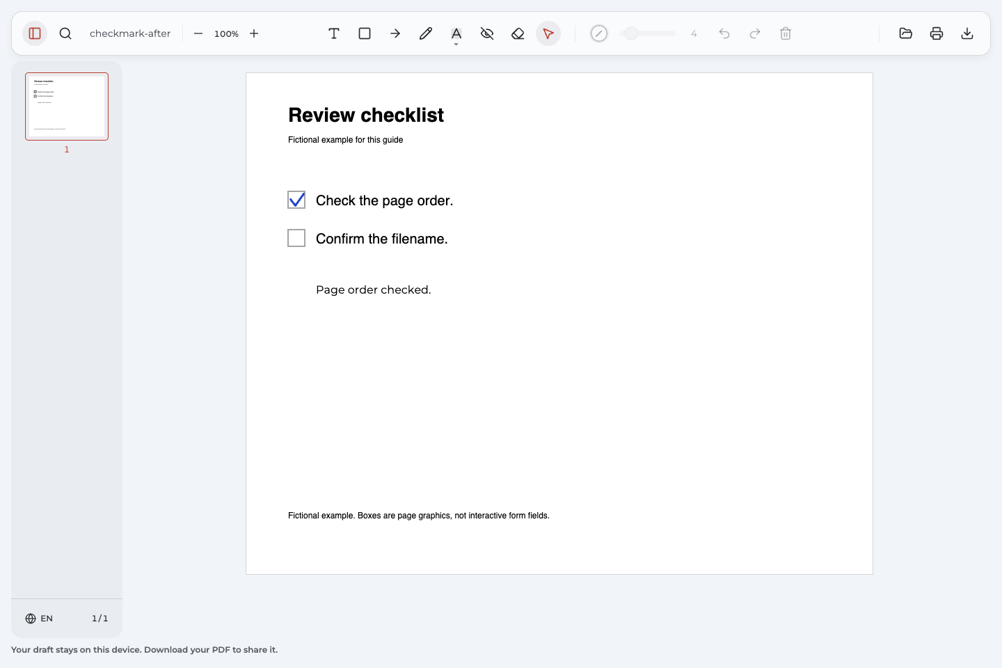 A blue checkmark and the note “Page order checked.” in a reopened fictional checklist PDF.