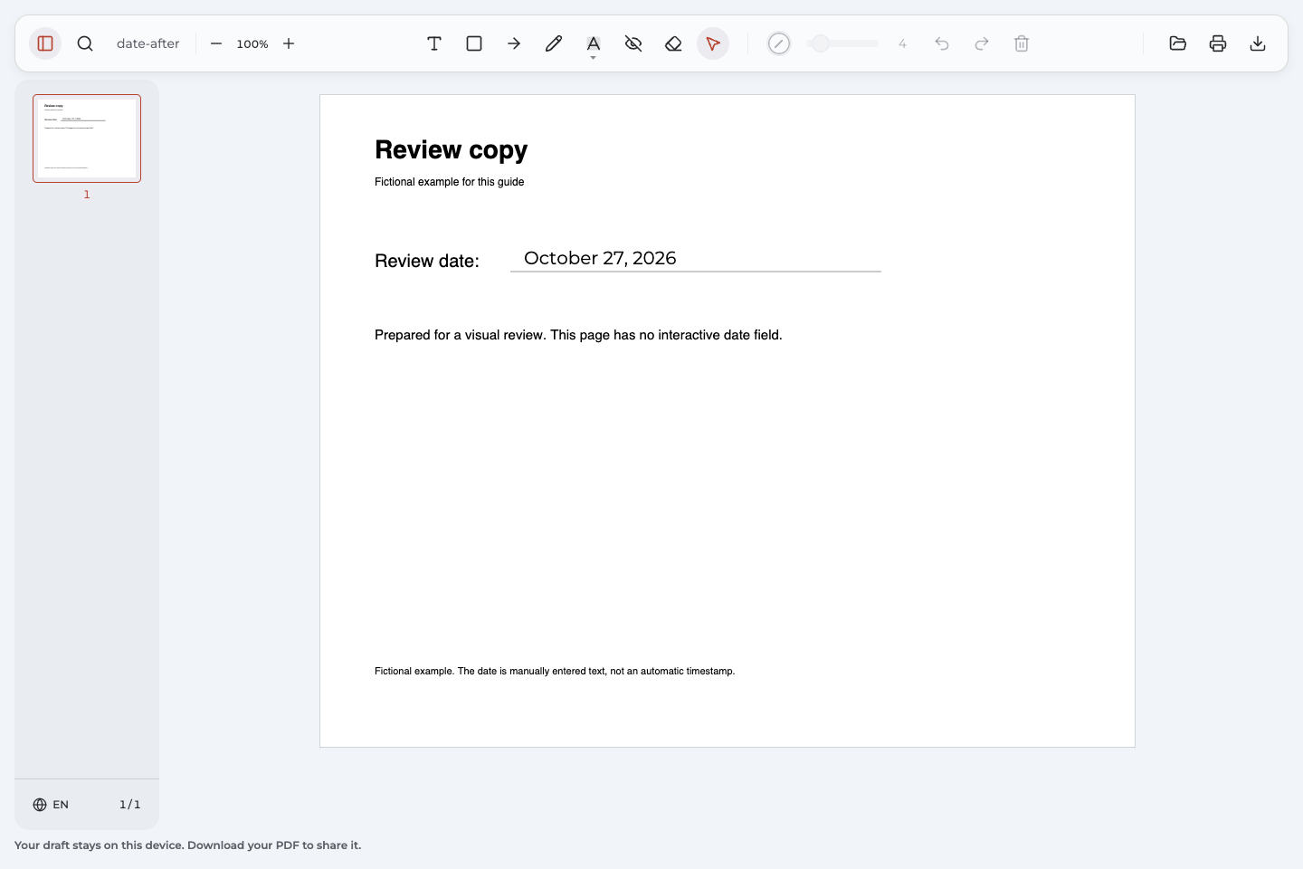 A manually added October 27, 2026 date above the printed line in a reopened fictional review PDF.