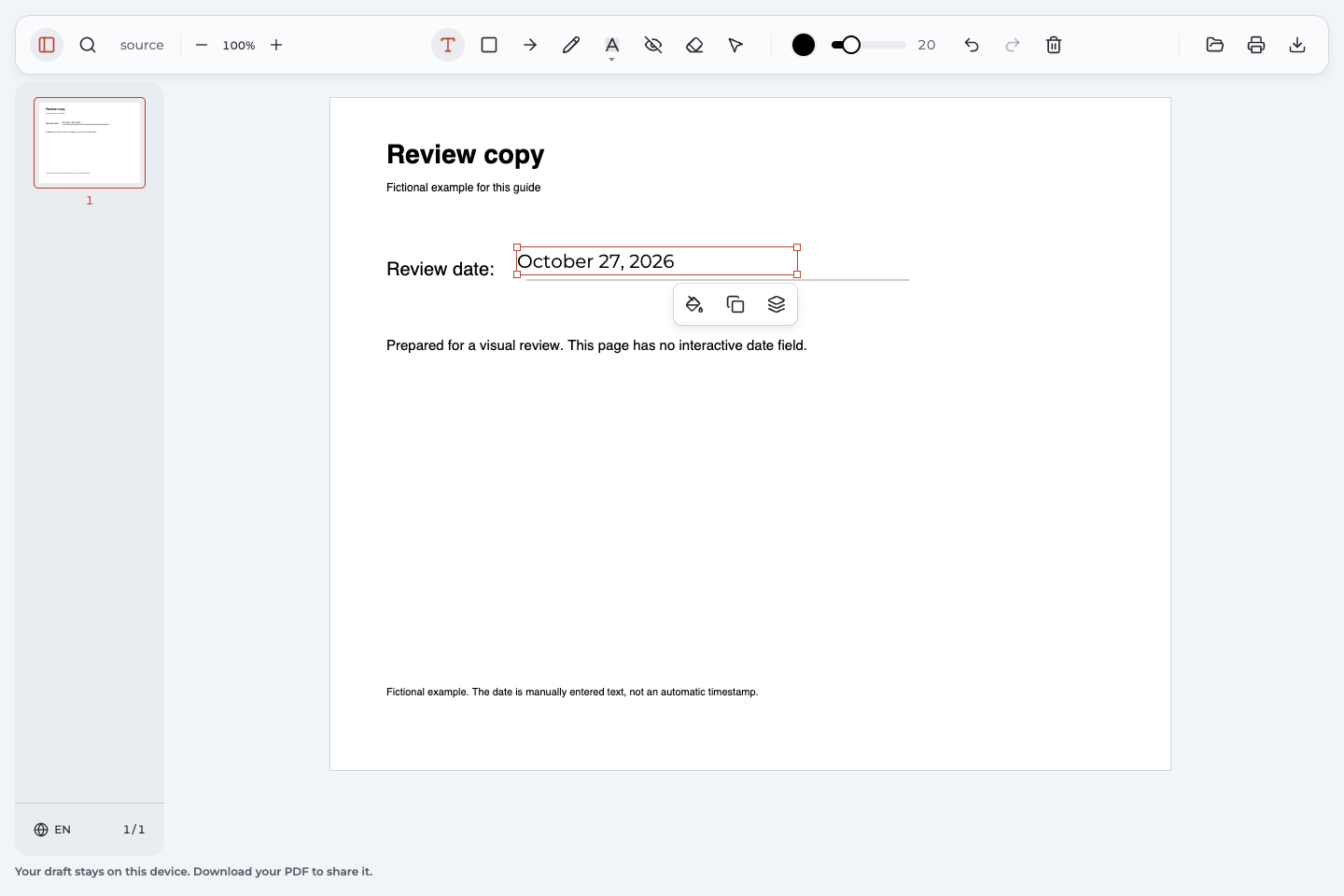 October 27, 2026 entered with the Text tool beside a Review date label in Annotate PDF.