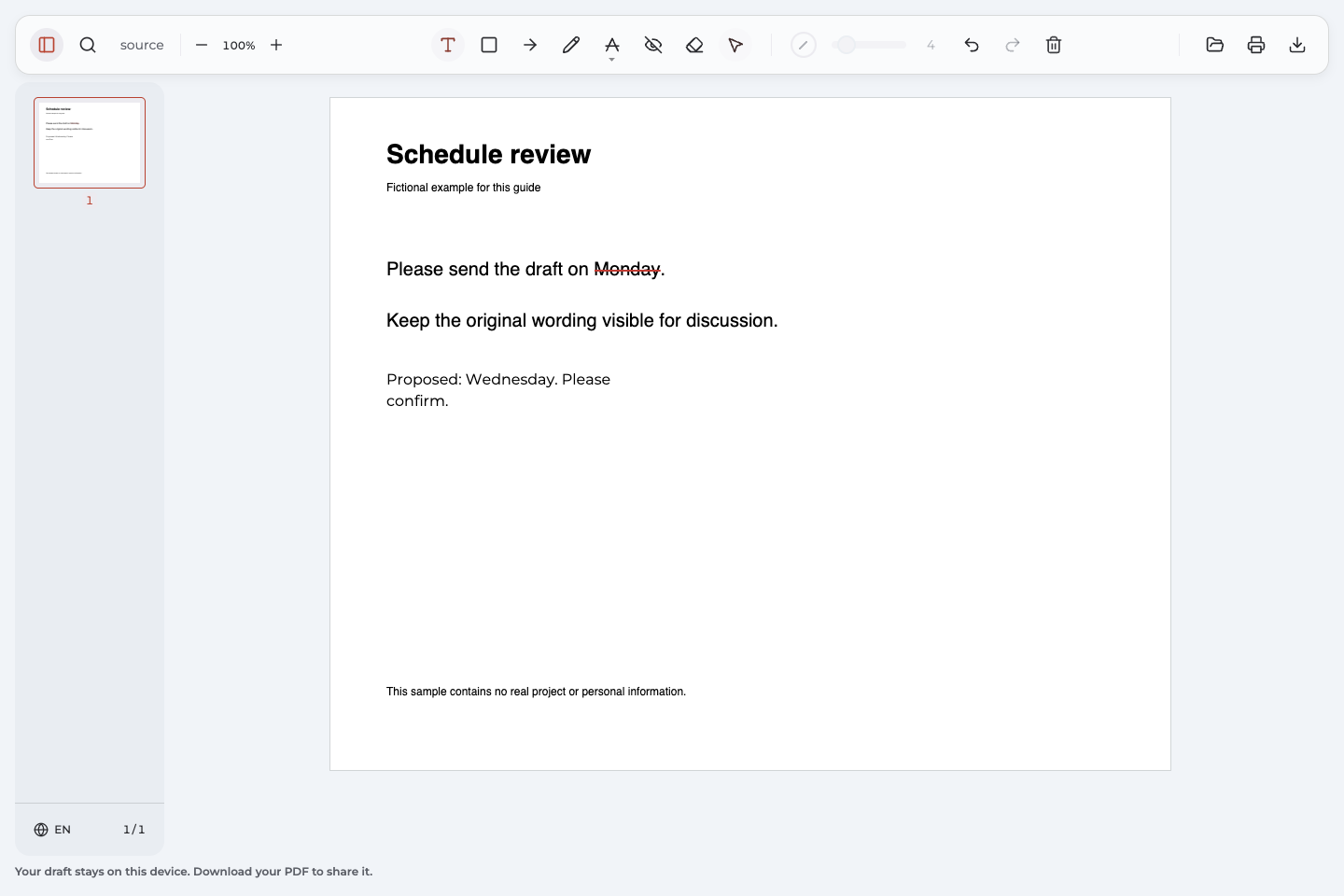 A red strikethrough across “Monday” with a separate proposed-Wednesday note in Annotate PDF.