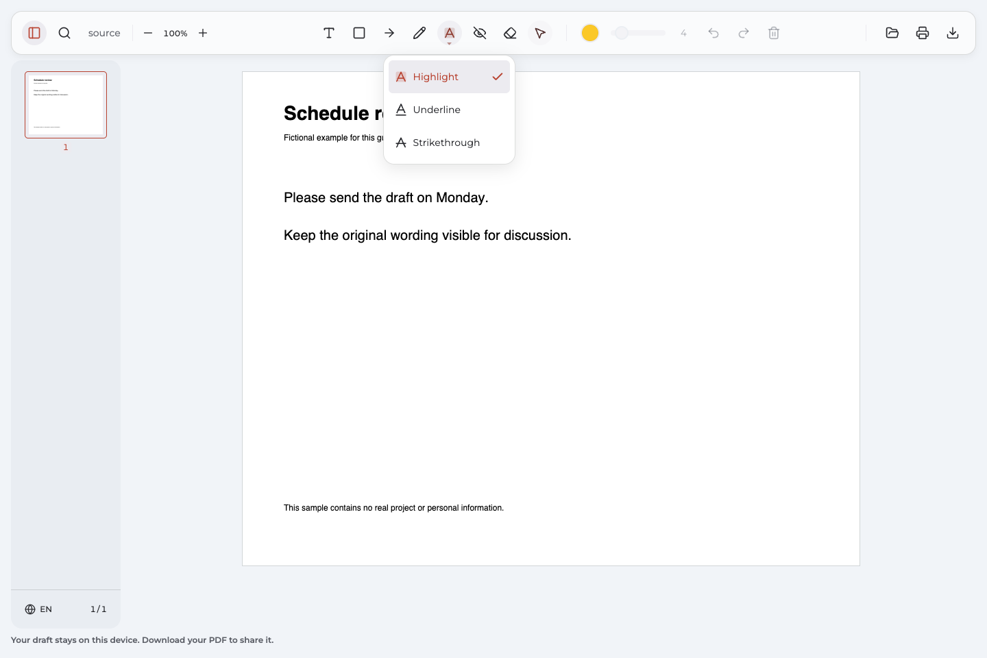 Shared text-markup menu offering Highlight, Underline, and Strikethrough in Annotate PDF.