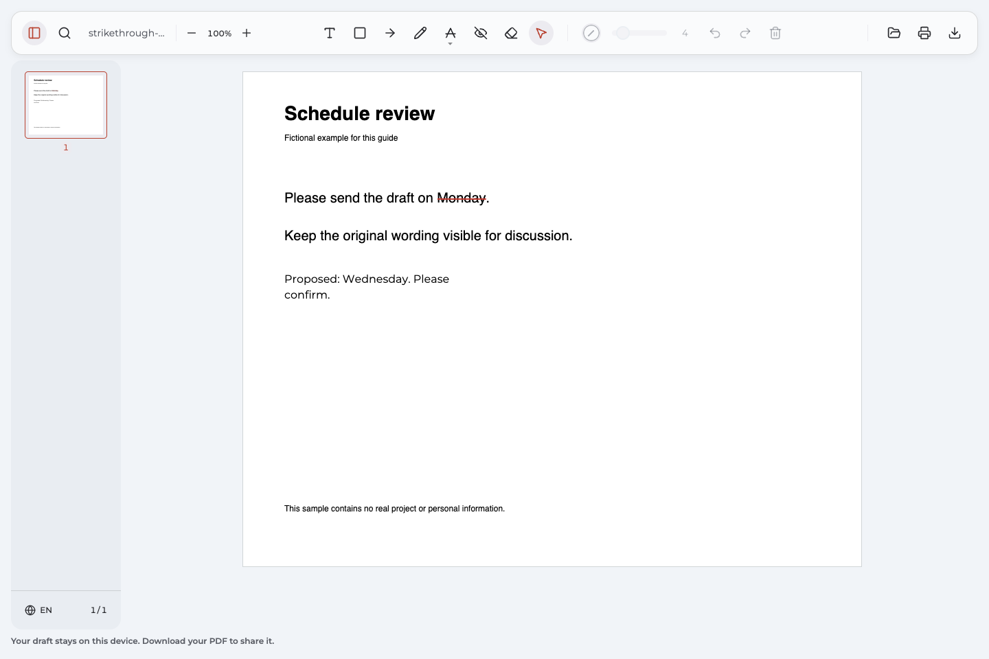 Exported sample PDF reopened with “Monday” crossed out and a separate Wednesday suggestion.