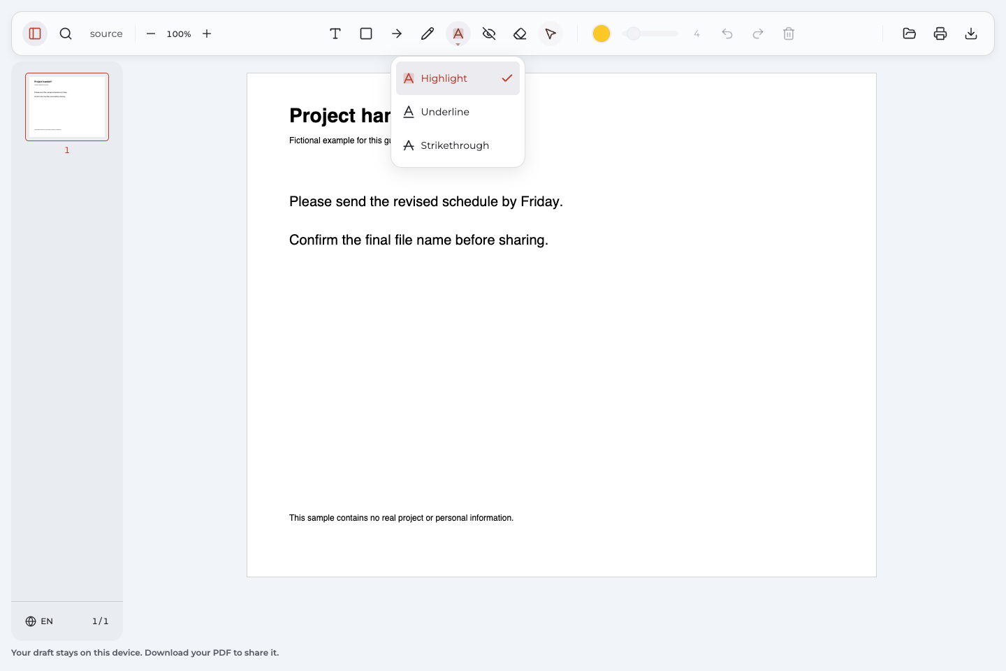 Highlight menu with Highlight, Underline, and Strikethrough in Annotate PDF.