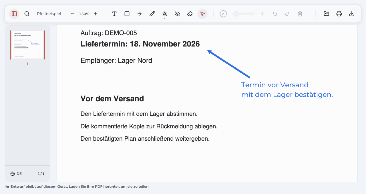 Animation in der deutschen Anpdf-Oberfläche: Der mittlere Griff wird gezogen und biegt den ausgewählten Pfeil; seine Enden bleiben an derselben Stelle.