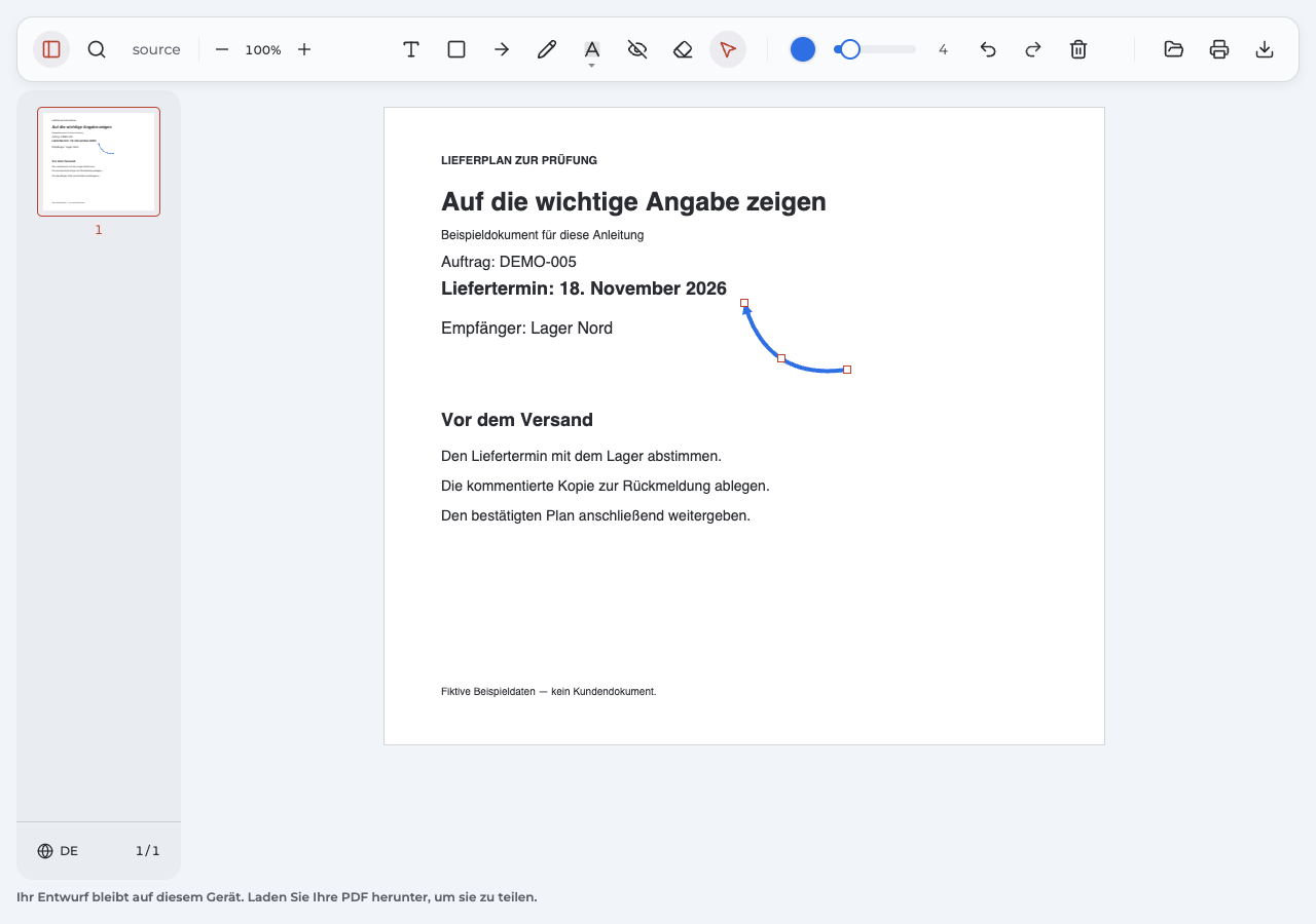 Ausgewählter gebogener Pfeil in Anpdf mit Griffen zum Anpassen seiner Enden und seines Verlaufs.