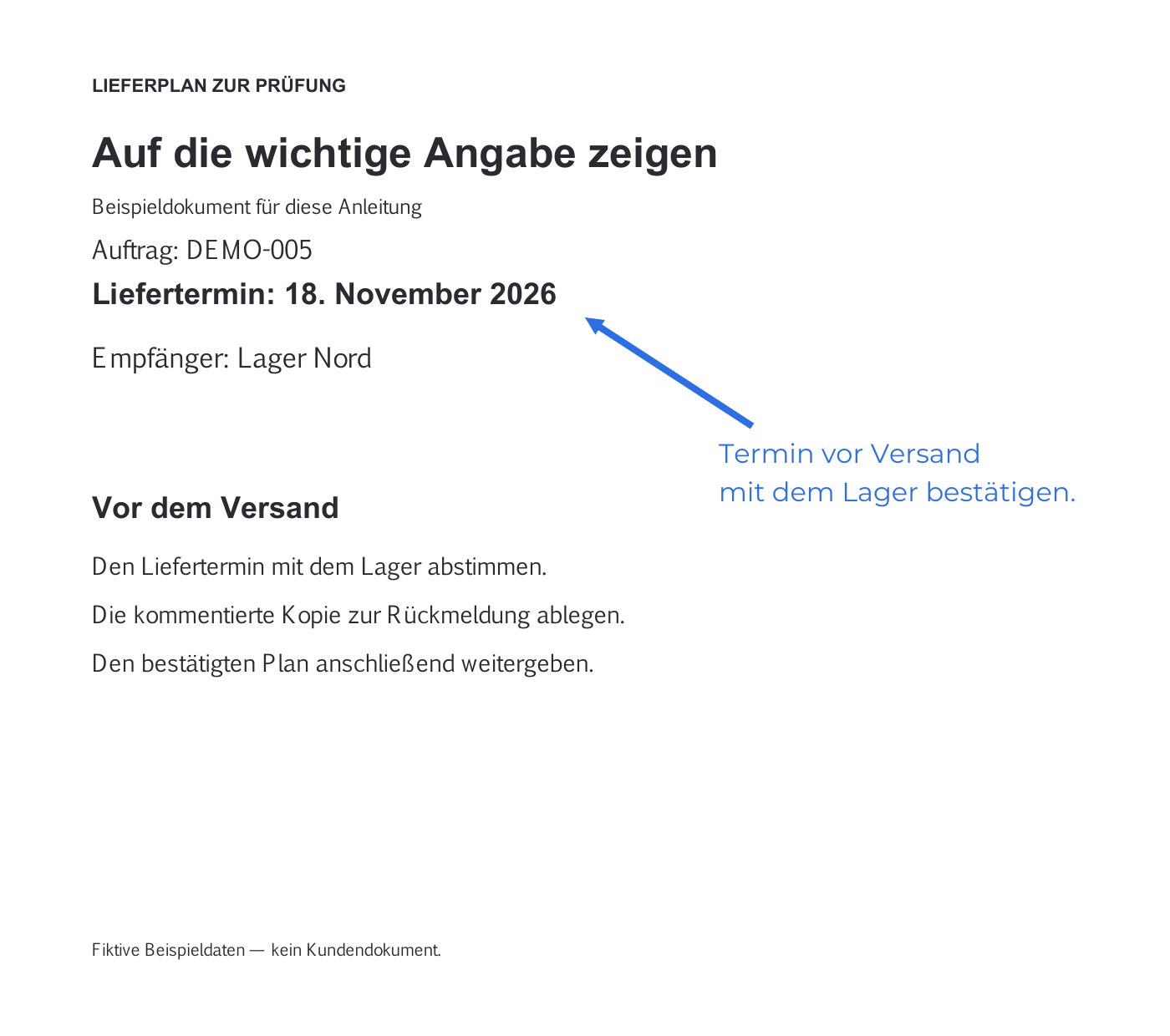 Exportierte Beispiel-PDF außerhalb von Anpdf: Der blaue Pfeil zeigt neben den Liefertermin, die sichtbare Notiz bittet um Bestätigung vor dem Versand.