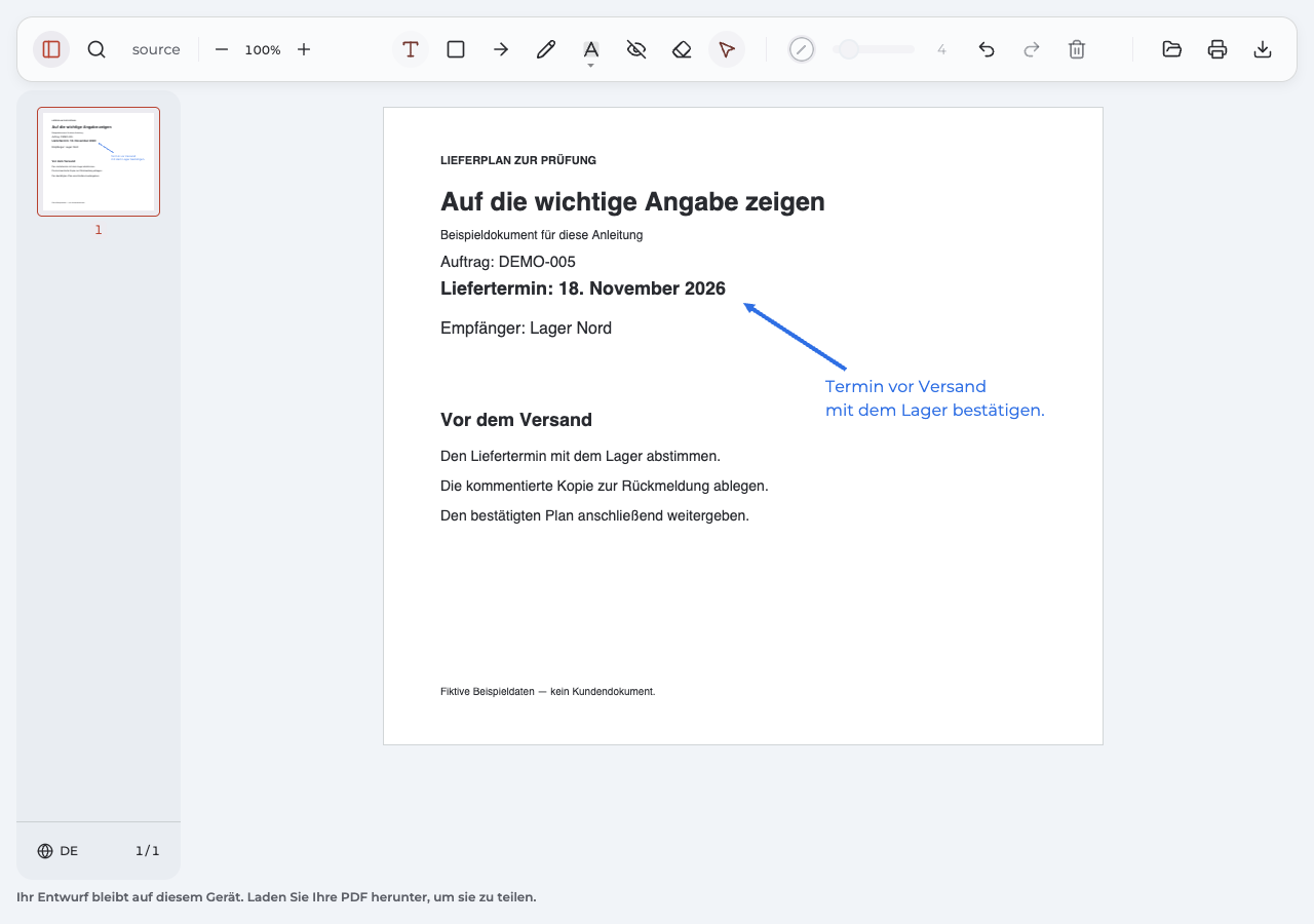 Ein blauer Pfeil zeigt neben den Liefertermin; eine deutsche Notiz bittet um Bestätigung mit dem Lager vor dem Versand.