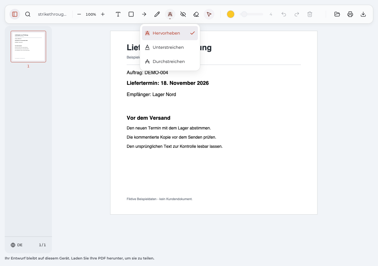 Deutsches Anpdf-Menü mit den Optionen Hervorheben, Unterstreichen und Durchstreichen.