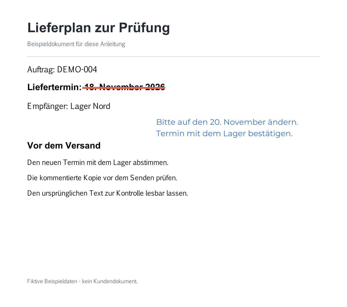 Exportierte Beispiel-PDF außerhalb von Anpdf: Der alte Liefertermin bleibt unter der Durchstreichung lesbar, daneben steht die Bitte um einen neuen Termin.