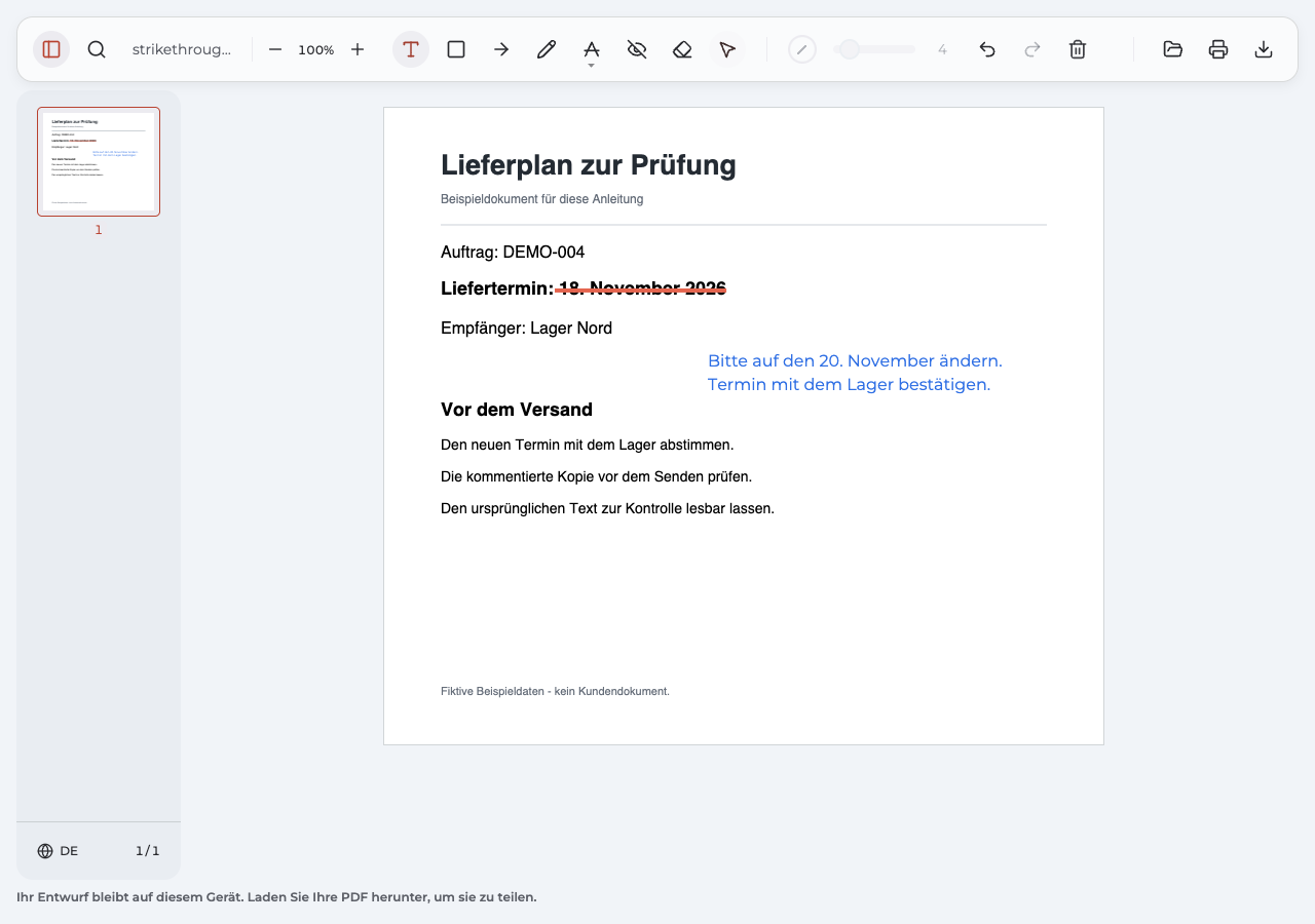 Deutsches Anpdf-Beispiel: Der 18. November 2026 ist durchgestrichen; eine sichtbare Notiz bittet um Änderung auf den 20. November.