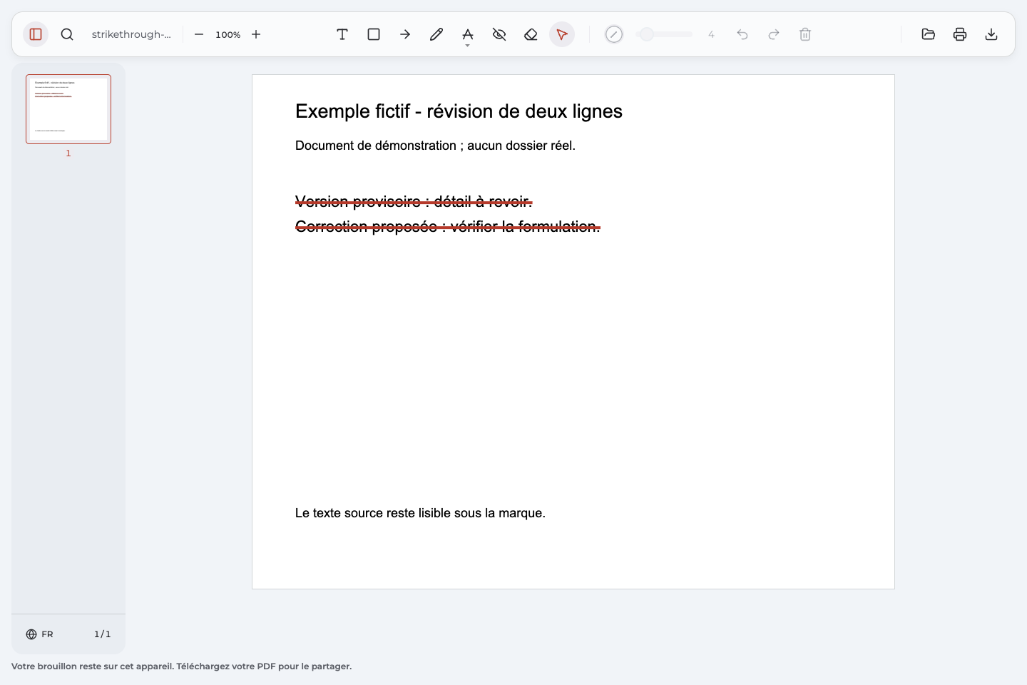 PDF français fictif rouvert dans Annotate PDF avec un trait rouge brun aligné sur chacune des deux phrases