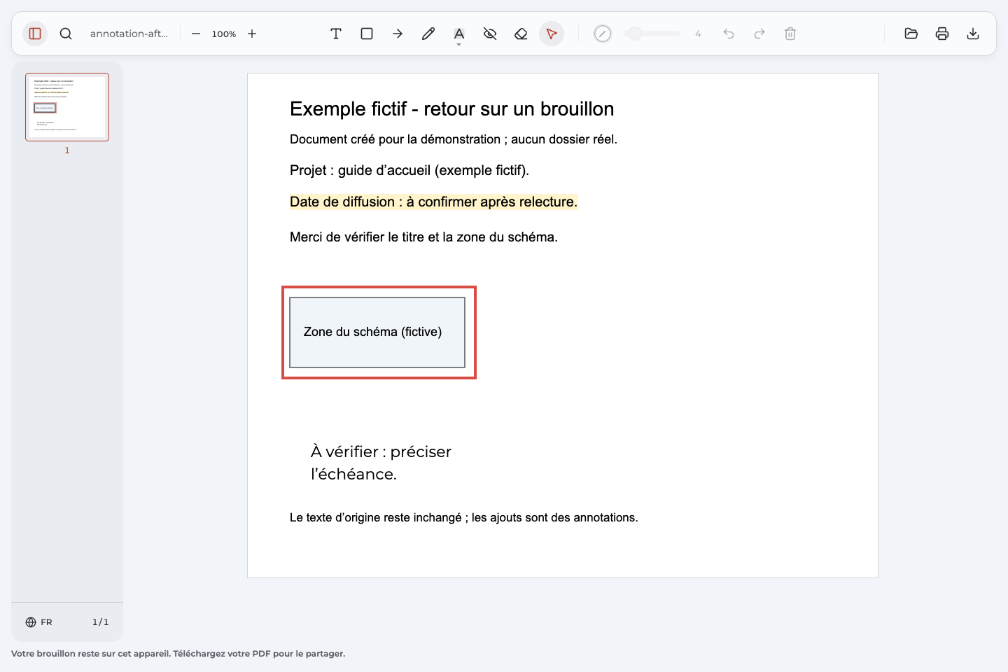 Guide d’accueil fictif rouvert avec la phrase sur la diffusion surlignée, une demande de précision et un rectangle autour de la zone du schéma