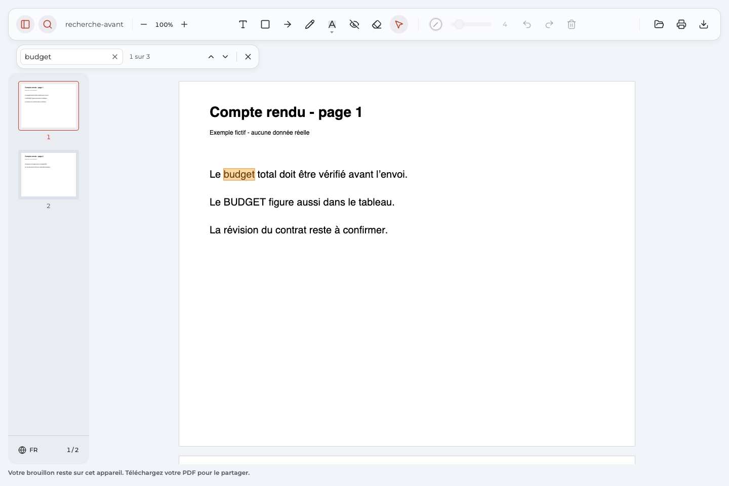 Recherche du terme budget dans un document français fictif avec le compteur 1 sur 3