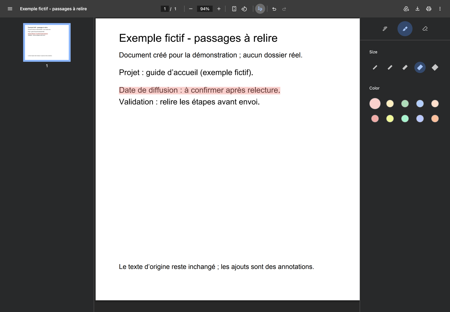 Lecteur PDF natif de Chrome avec commandes en anglais et trait rose sur une phrase du document fictif
