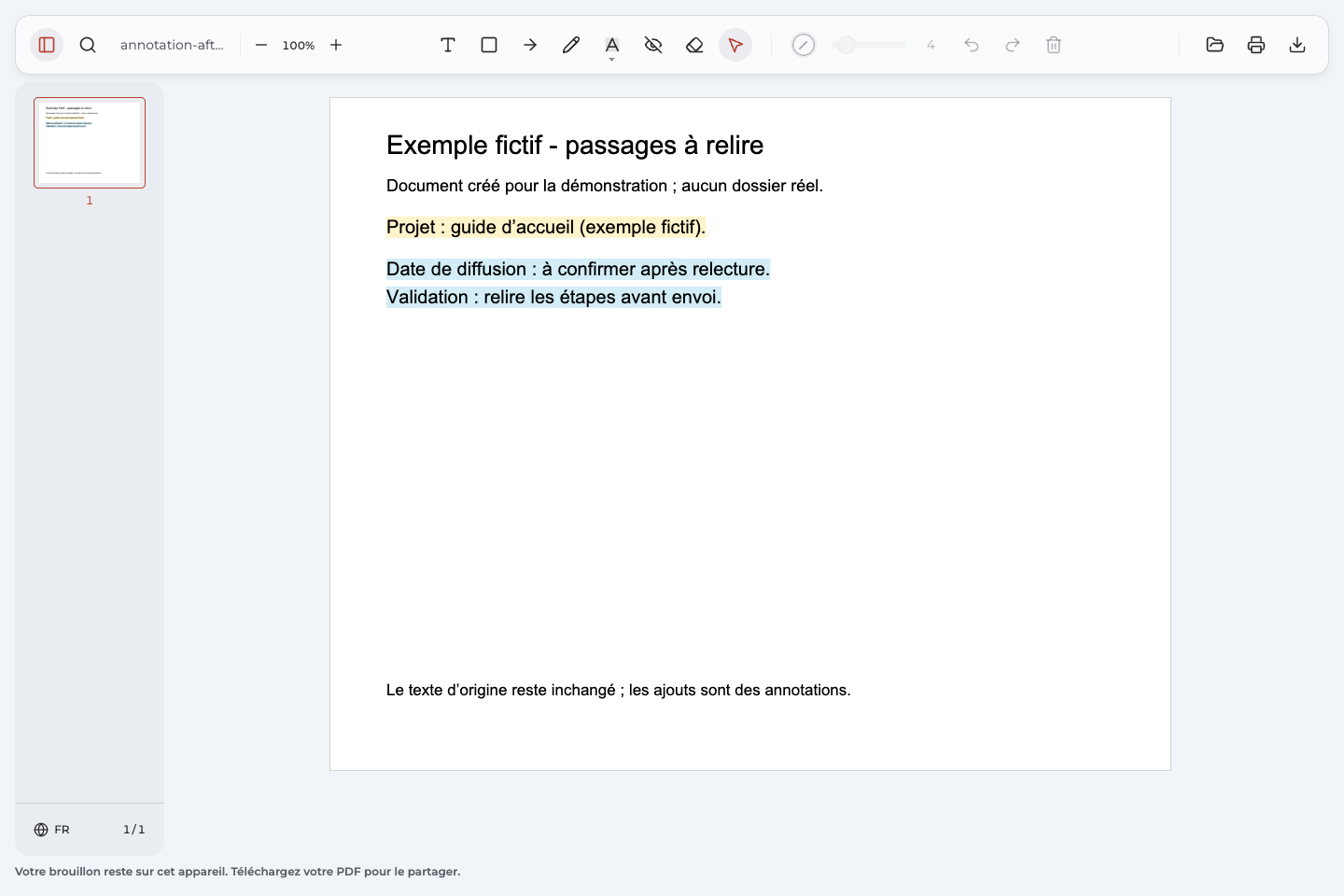 Copie française dans Annotate PDF avec deux lignes surlignées en bleu et un repère jaune de contexte