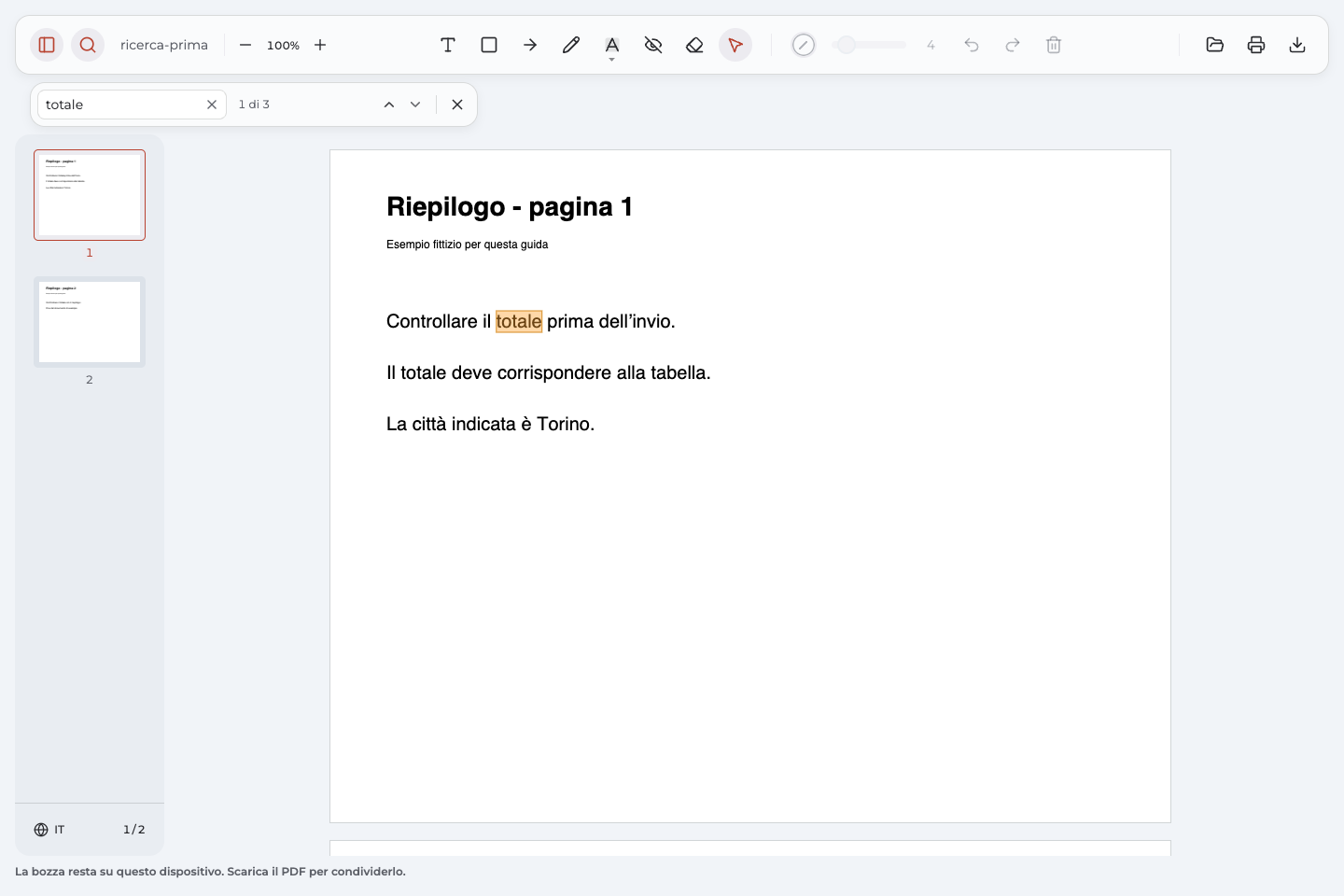 Ricerca di totale in Annotate PDF: primo di tre risultati nel PDF fittizio di due pagine.