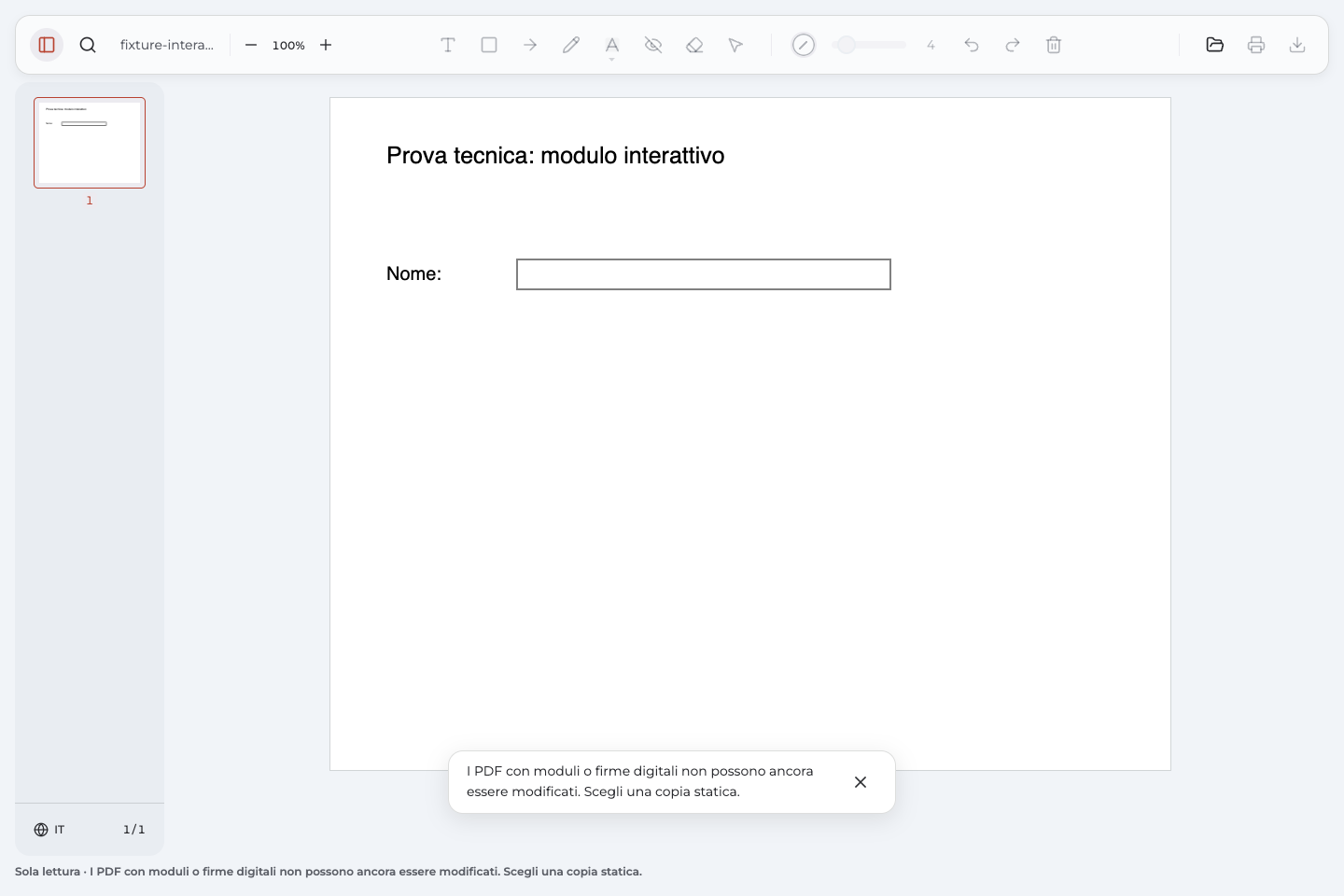 Modulo interattivo aperto in Annotate PDF in sola lettura, con inserimento testo ed esportazione disabilitati.