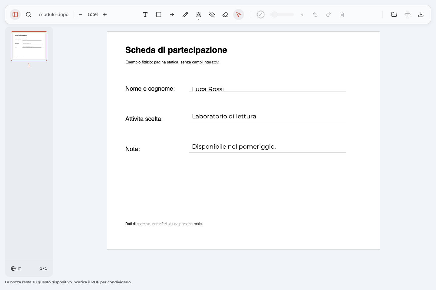 PDF statico riaperto in Annotate PDF: tre risposte visibili sulla scheda di partecipazione, senza campi interattivi.
