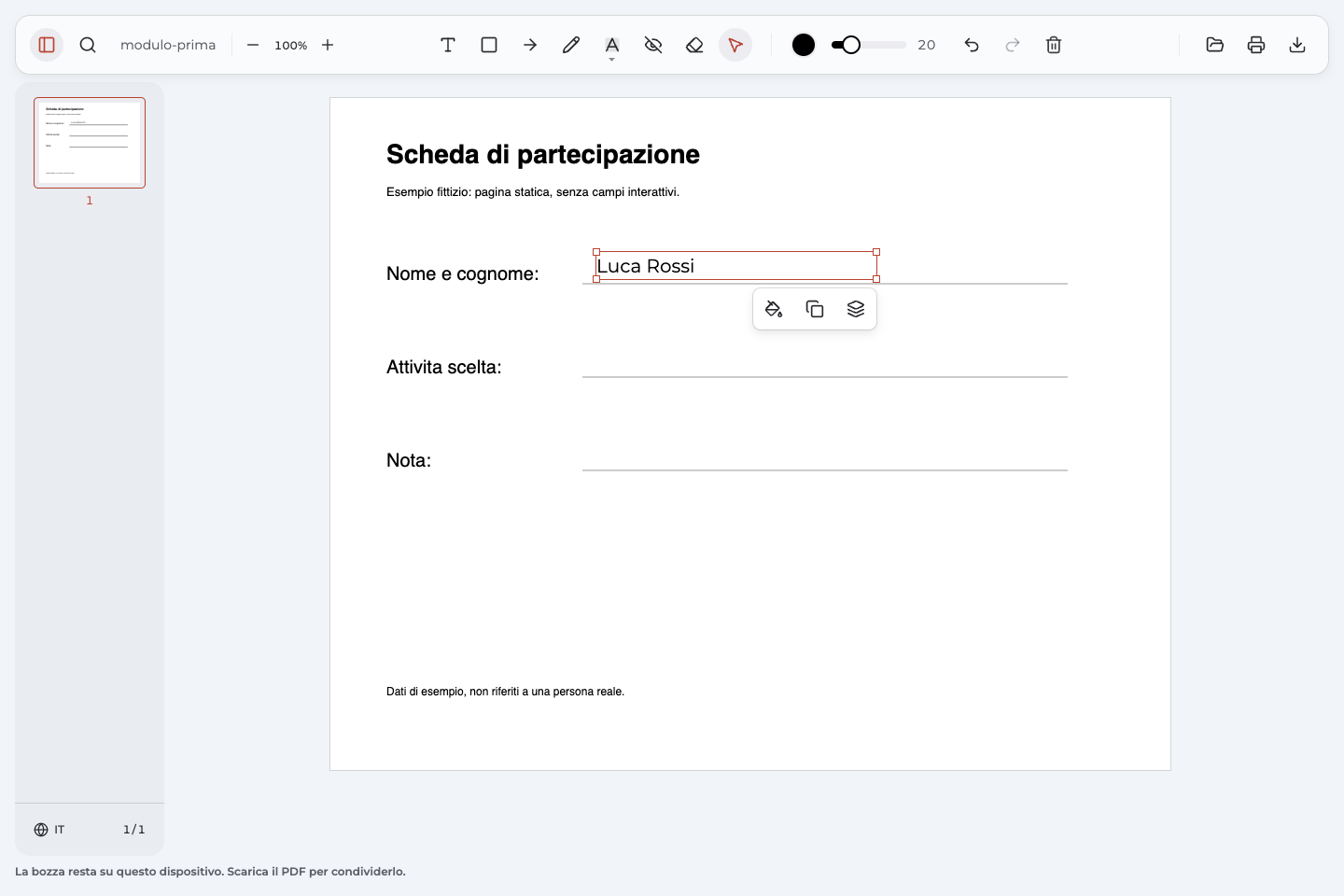 Modifica di una risposta con Testo nella scheda di partecipazione aperta in Annotate PDF.