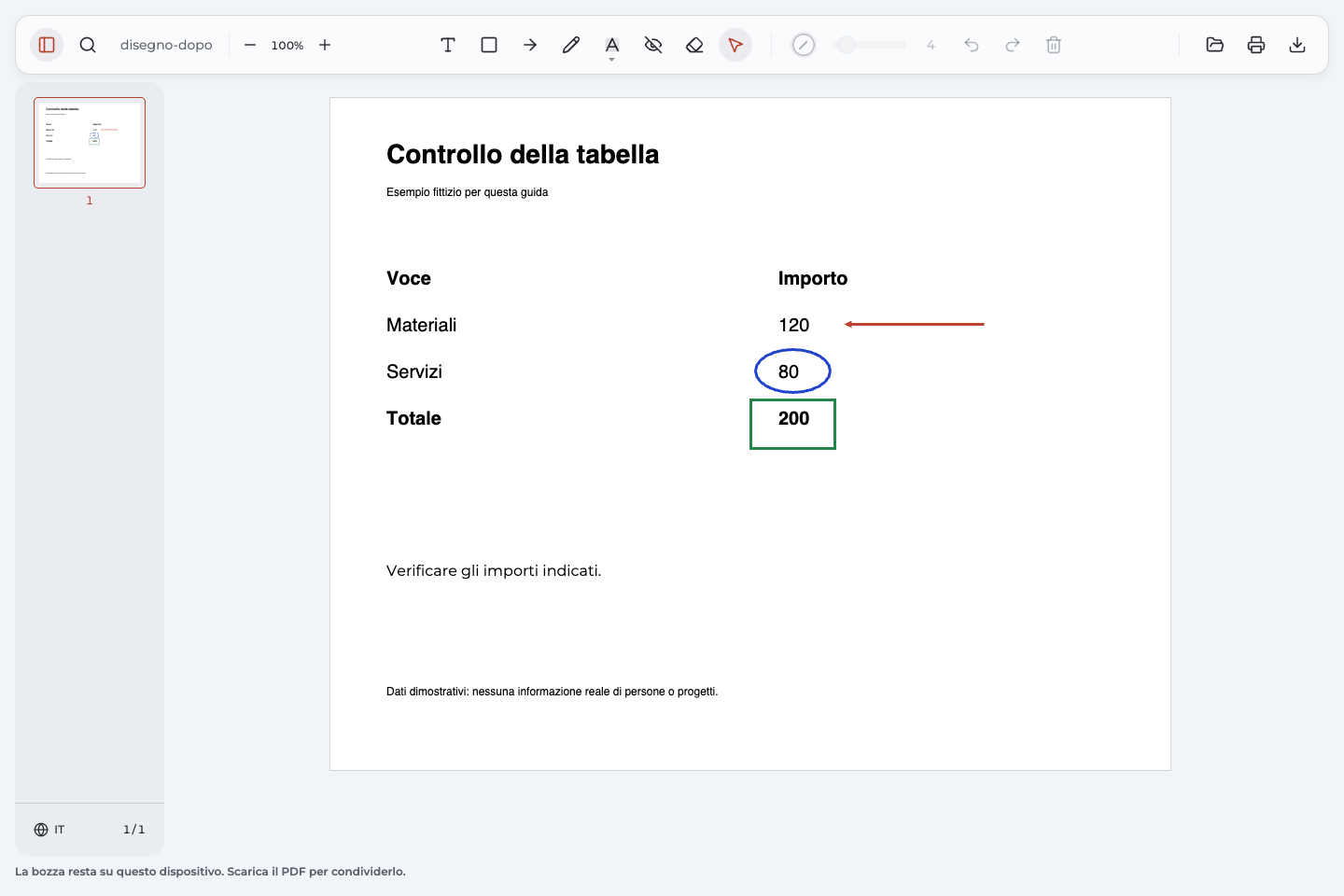 PDF riaperto con anello blu su 80, freccia vicino a 120, riquadro verde su 200 e nota di verifica.