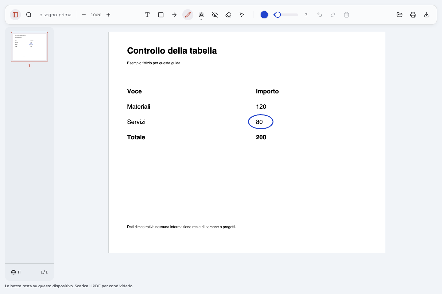 Penna attiva in Annotate PDF: tratto blu attorno a Servizi (80) e spessore impostato a 3.