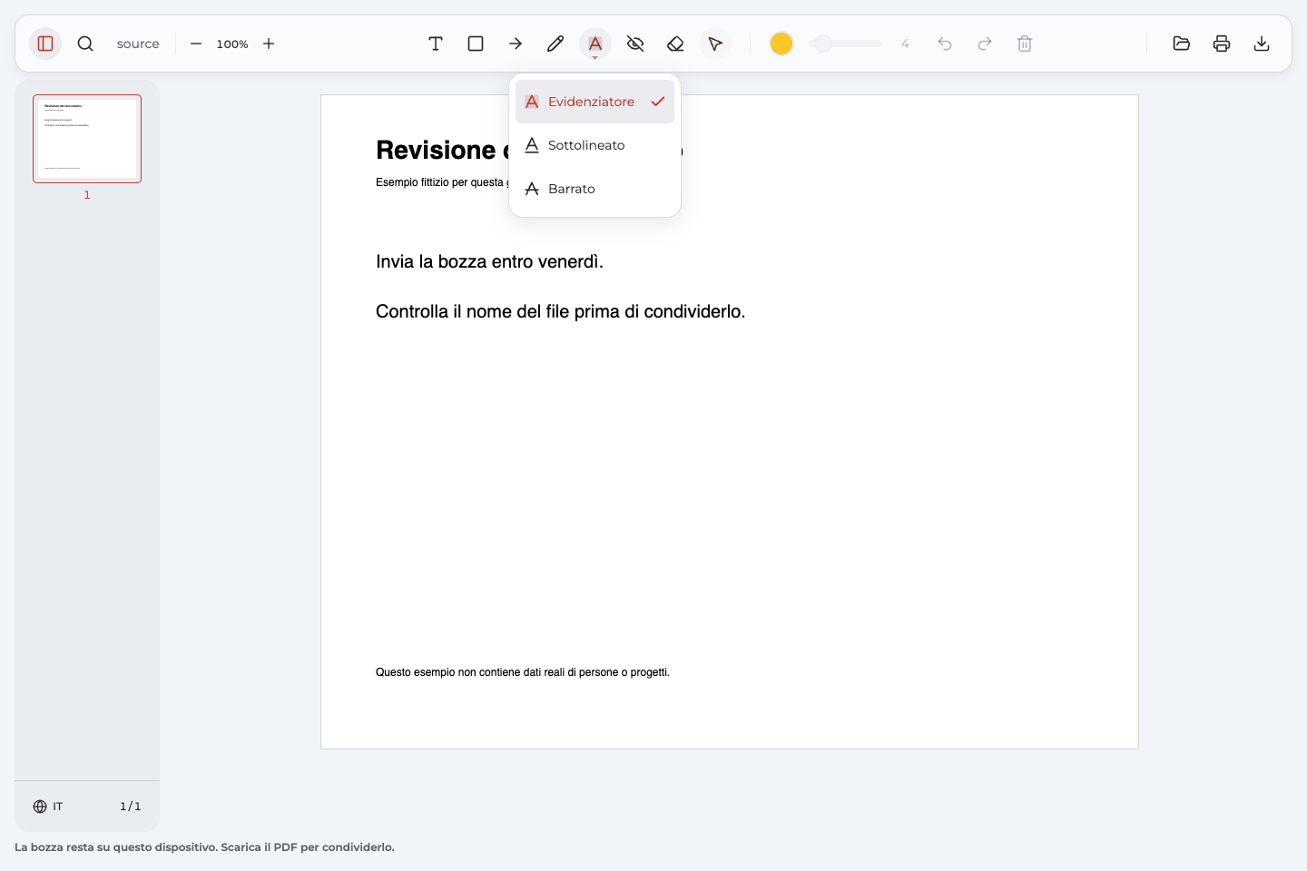 Menu di Annotate PDF con le modalità Evidenziatore, Sottolineato e Barrato.