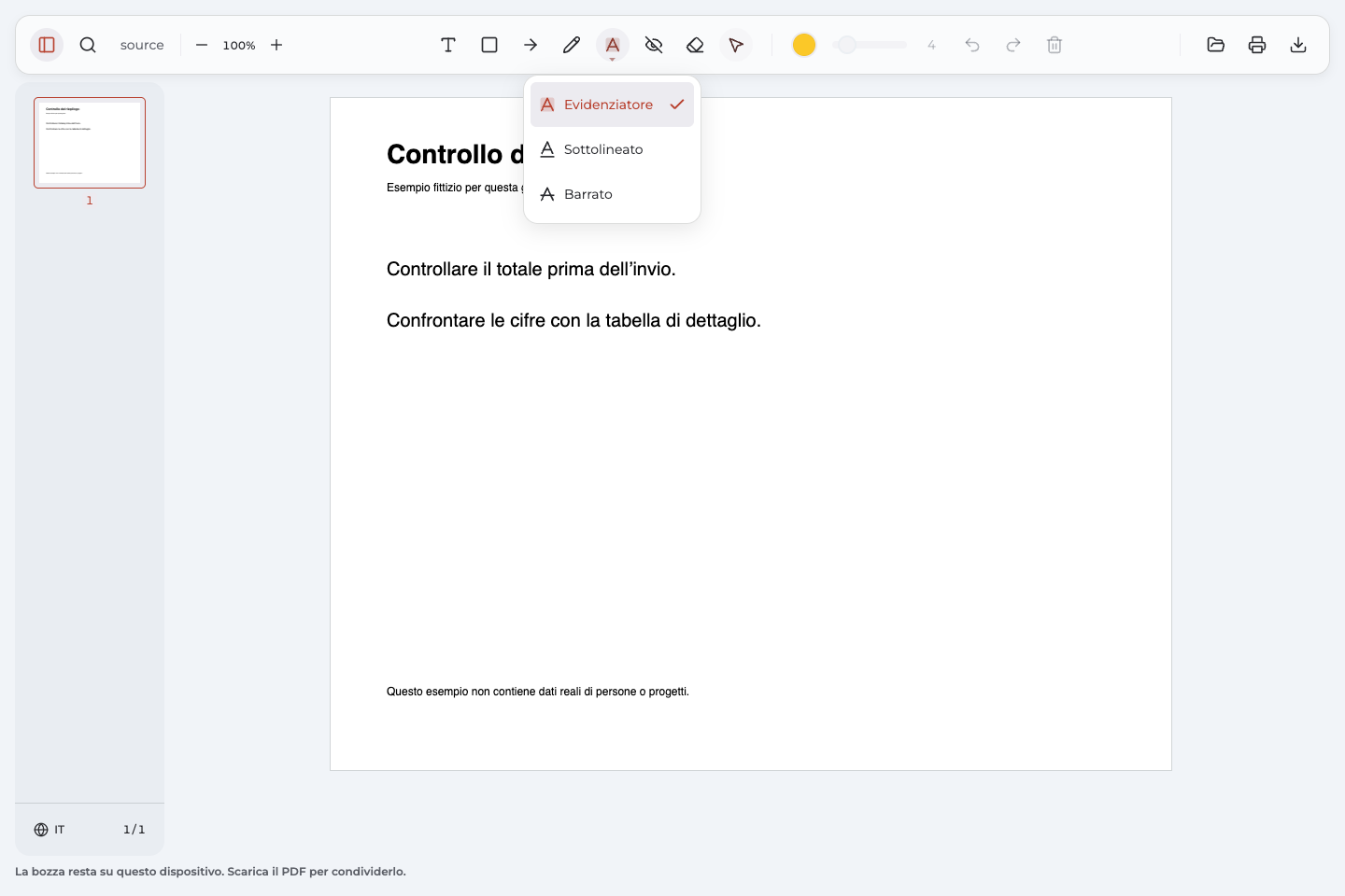 Menu di Annotate PDF con Evidenziatore, Sottolineato e Barrato.