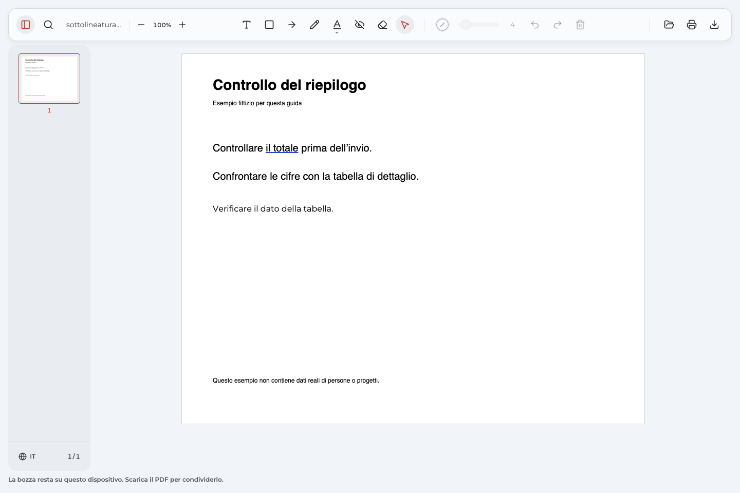 Copia PDF riaperta con il totale sottolineato in blu e la nota Verificare il dato della tabella.