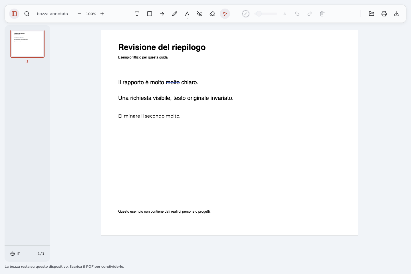 Bozza PDF riaperta con il secondo molto barrato e la nota Eliminare il secondo molto.